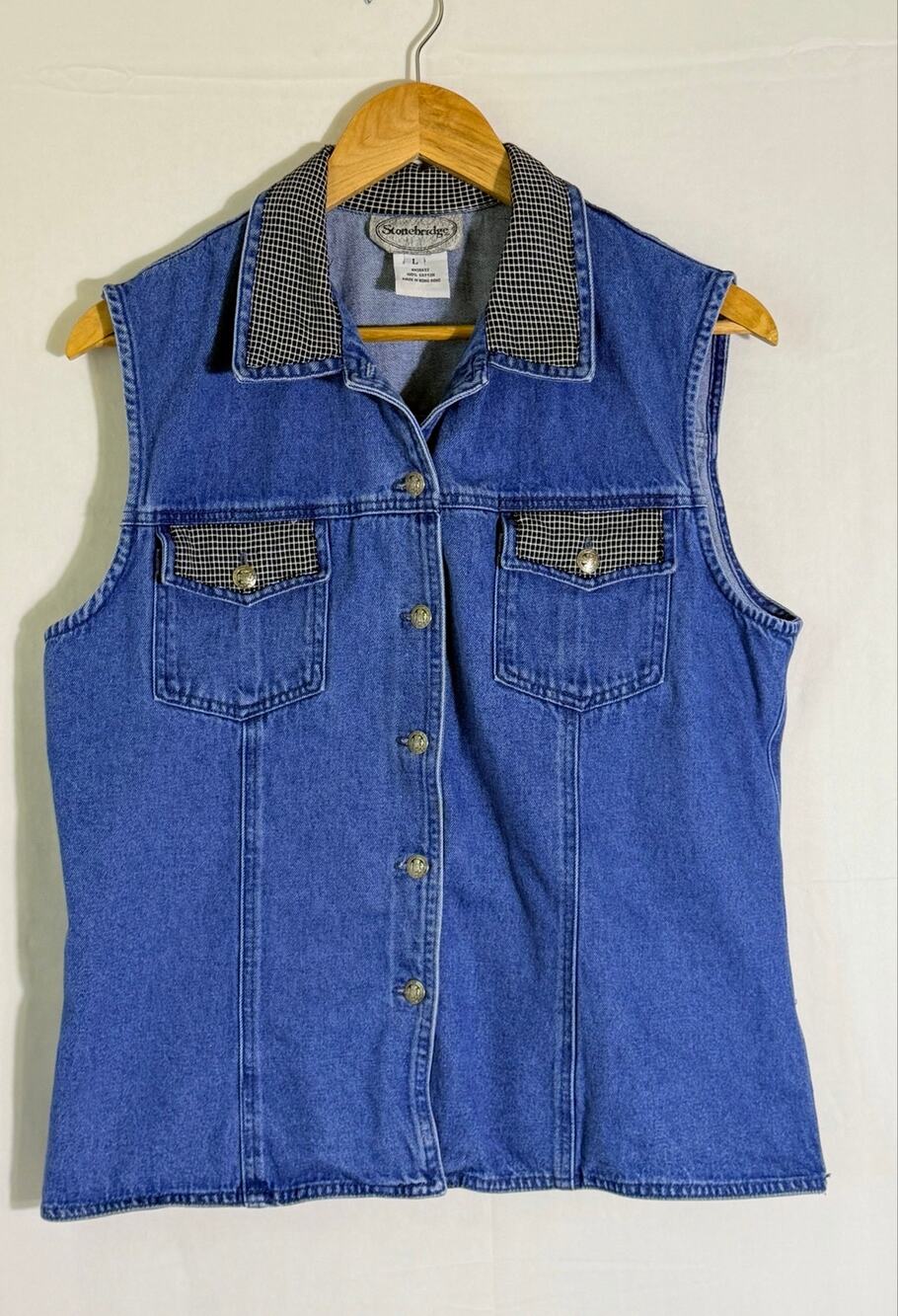 Vintage Stonebridge Denim Snap Button Vest Top Blue Cotton Check Collar Womens L